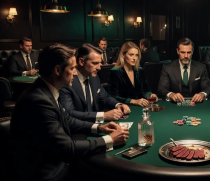 Moody Australian poker lounge with custom tables, chip stacks, and gourmet dining