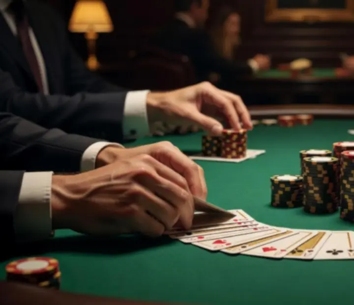 Ceramic poker chip stacks on emerald felt in a dark poker room
