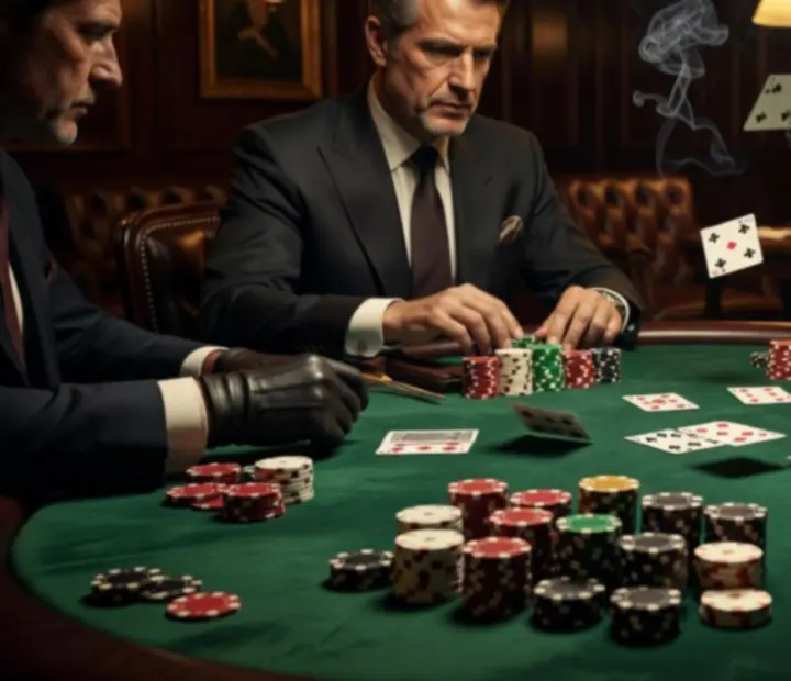 Handcrafted poker table with ceramic chip stacks and a live offline poker game in progress.