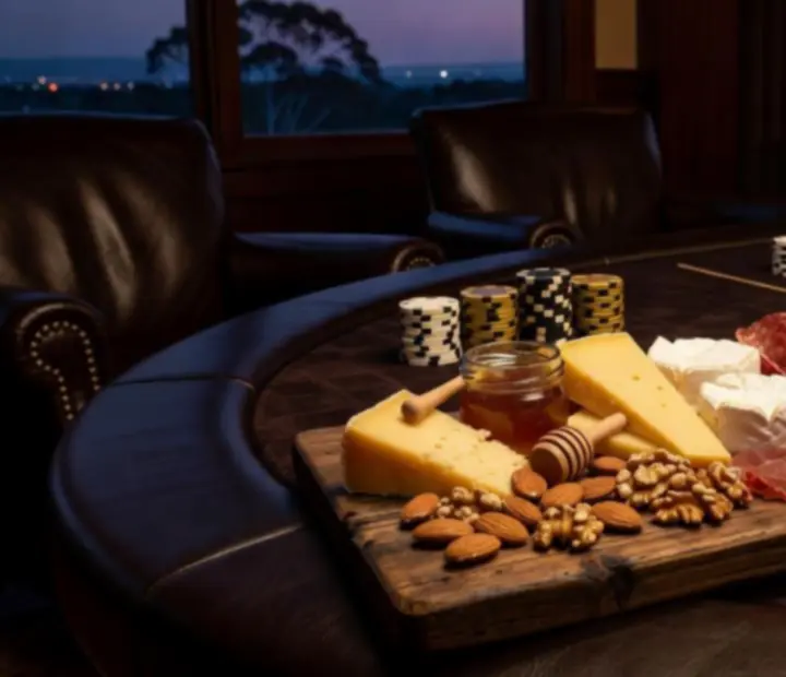 Charcuterie and cheese board set beside poker chips and playing cards