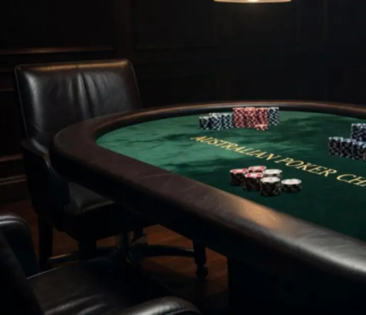 Custom emerald-felt poker table with ceramic chip stacks and pendant lighting in Australia