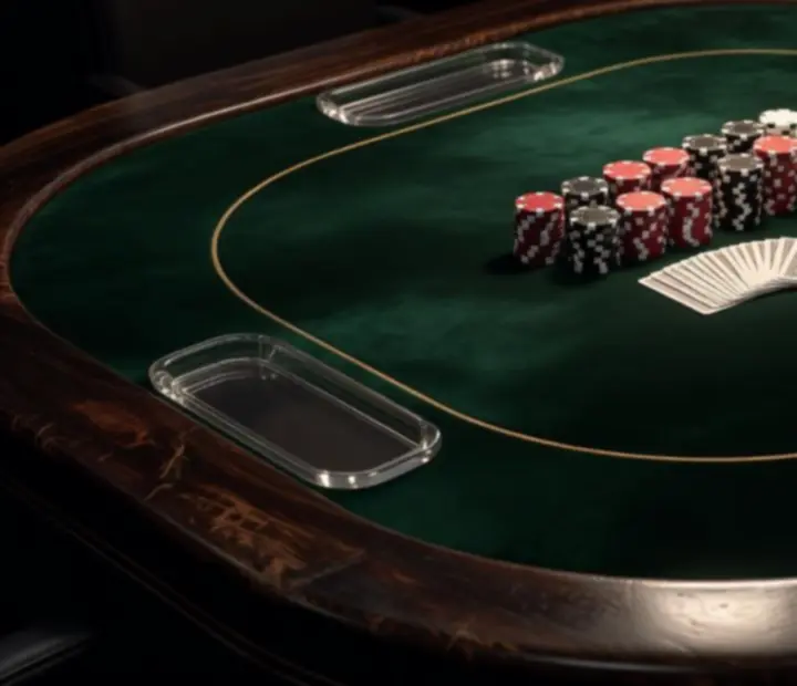 Custom poker table with deep emerald felt and premium chip stacks