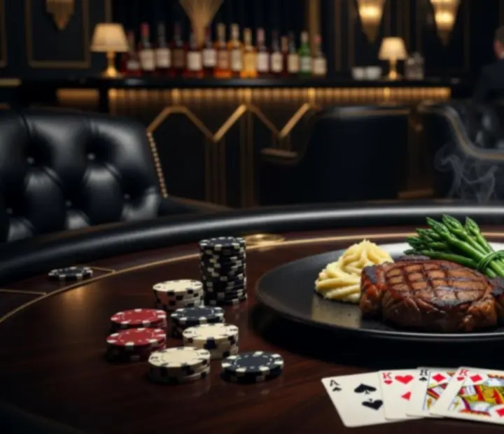 Gourmet steak plates and cocktails served beside poker chip stacks