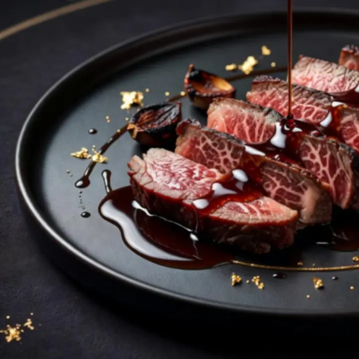Sliced dry-aged wagyu steak served on a dark plate in a moody card room setting