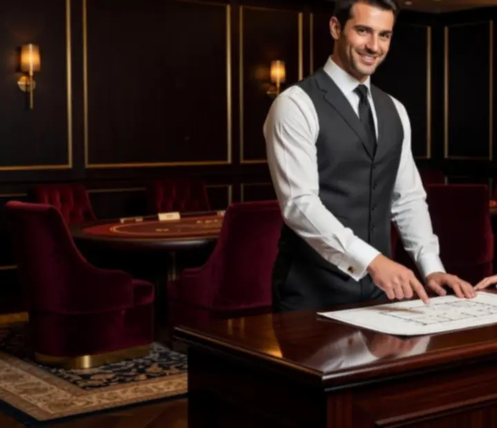Attentive staff member serving drinks and providing concierge-style service in a dark luxury poker lounge.