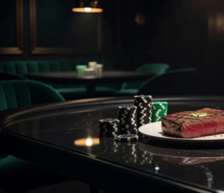 Dry-aged steak plated beside stacked poker chips on a dark felt table