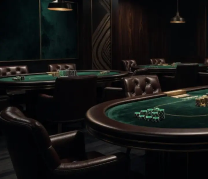 Cinematic offline poker room with emerald felt poker tables and pendant lighting
