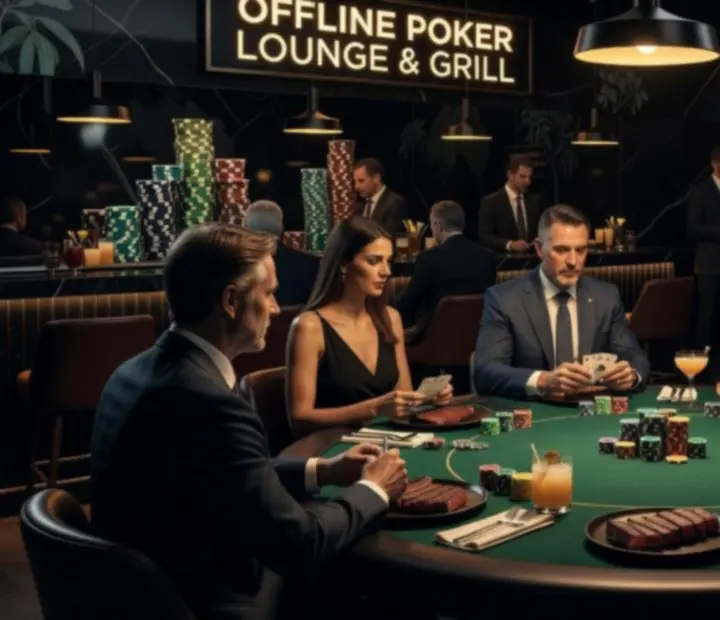 Cinematic offline poker lounge with custom poker tables and gourmet dining at The Velvet Felt