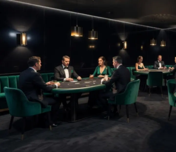 Noir-inspired poker lounge with emerald felt tables and warm pendant lights