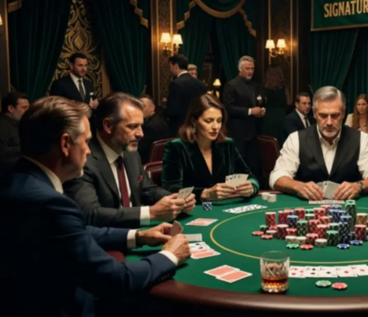 High roller poker lounge event with heavy chip stacks and moody lighting