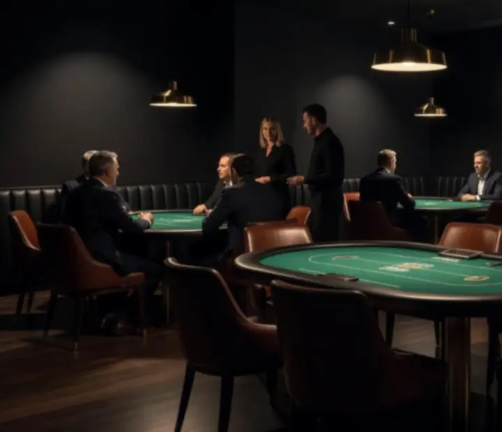 Moody poker lounge with emerald felt tables and guests enjoying offline poker in a dark luxury setting.