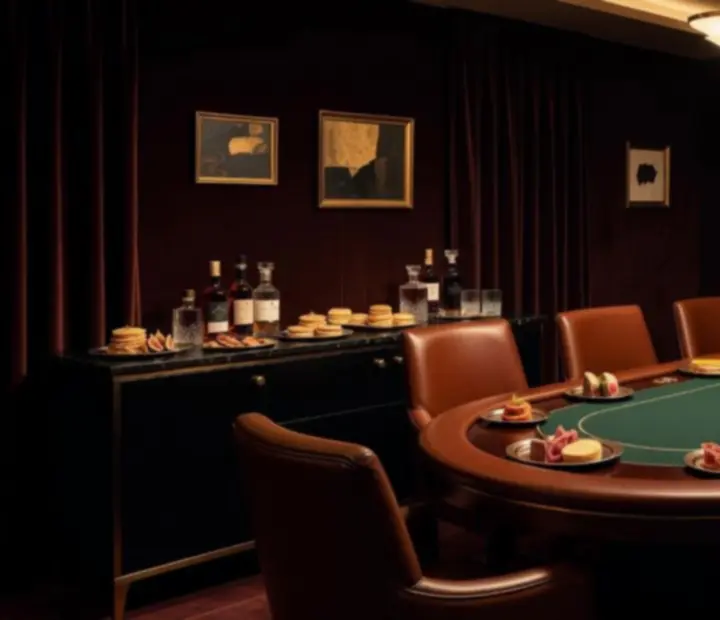 Private card suite with custom poker table and intimate seating