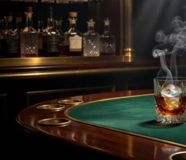 Smoked cocktail at a dimly lit bar beside poker chips