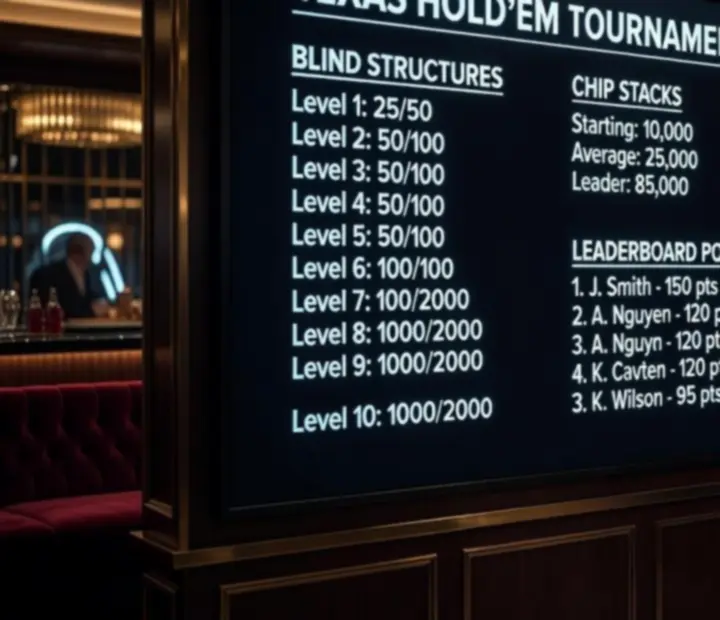 Tournament display board showing blind structure and chip stacks at The Velvet Felt